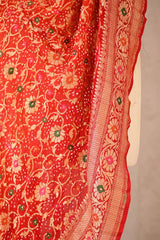 Orange Red Georgette Bandhani Dupatta with Zari Floral Jaal & Meenakari Detailing