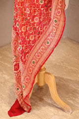 Orange Red Georgette Bandhani Dupatta with Zari Floral Jaal & Meenakari Detailing