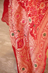 Orange Red Georgette Bandhani Dupatta with Zari Floral Jaal & Meenakari Detailing