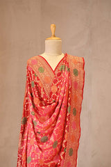 Red and Peach Georgette Bandhani Dupatta with Gharchola Pattern