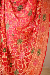 Red and Peach Georgette Bandhani Dupatta with Gharchola Pattern