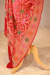 Red and Peach Georgette Bandhani Dupatta with Gharchola Pattern