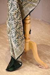 Bottle Green Banarasi Katan Silk Dupatta with Floral Pakshi Jaal
