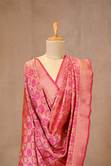 Pink Banarasi Silk Dupatta with Gold Zari Floral & Animal Motif Jaal