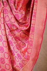Pink Banarasi Silk Dupatta with Gold Zari Floral & Animal Motif Jaal