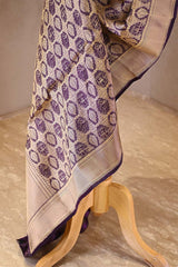 Wine Banarasi Silk Dupatta with Gold Zari Floral & Animal Motif Jaal