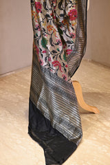 Black Katan Silk Dupatta with Paithani Floral Jaal