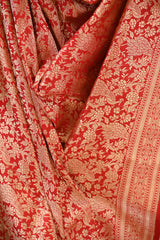 Red Banarasi Katan Silk Dupatta with Mayur & Floral Zari Brocade