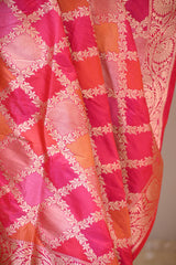 Pink Katan Silk Dupatta with Rangkat & Gold Zari Weaving