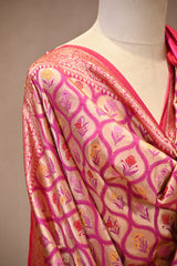 Deep Pink Banarasi Katan Silk Dupatta with Gold Zari Brocade Jaal