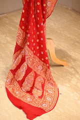Red Bandhani Georgette Khaddi Dupatta with Sona Rupa Zari Floral Border