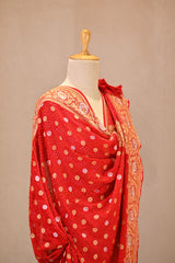 Red Bandhani Georgette Khaddi Dupatta with Sona Rupa Zari Floral Border