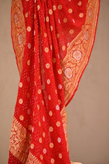 Red Bandhani Georgette Khaddi Dupatta with Sona Rupa Zari Floral Border