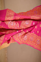 Pink Bandhani Georgette Khaddi Dupatta with Sona Rupa Zari Floral Border