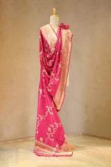 Magenta Pink Banarasi Dupatta with Gold Zari Floral Jaal Work