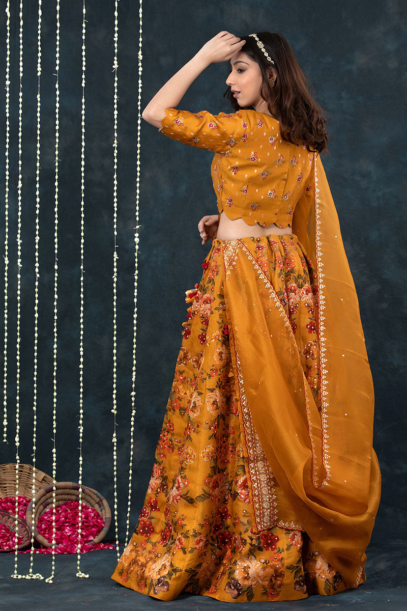 Deep Mustard Yellow Embellished Floral Printed Organza Silk Lehenga - Chinaya Banaras