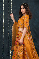 Deep Mustard Yellow Embellished Floral Printed Organza Silk Lehenga