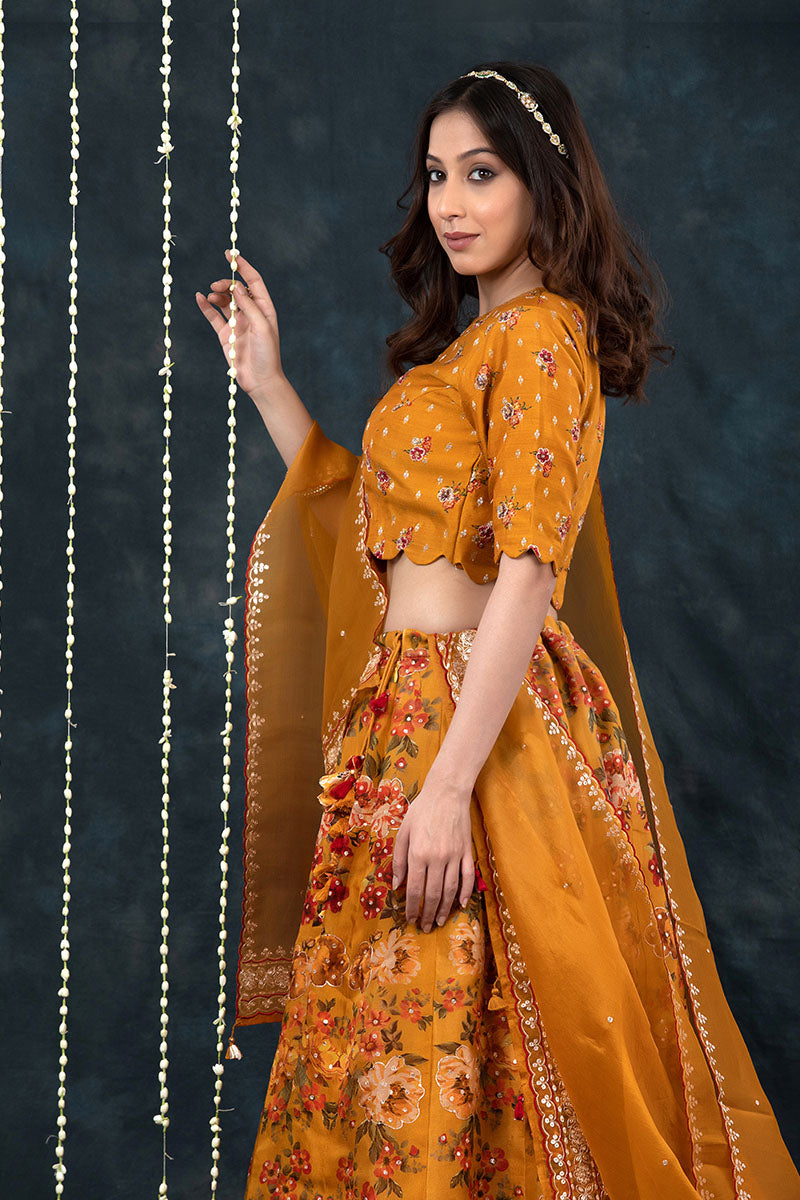 Deep Mustard Yellow Embellished Floral Printed Organza Silk Lehenga - Chinaya Banaras