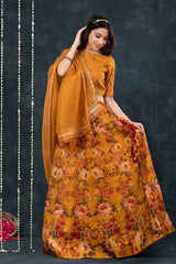 Deep Mustard Yellow Embellished Floral Printed Organza Silk Lehenga