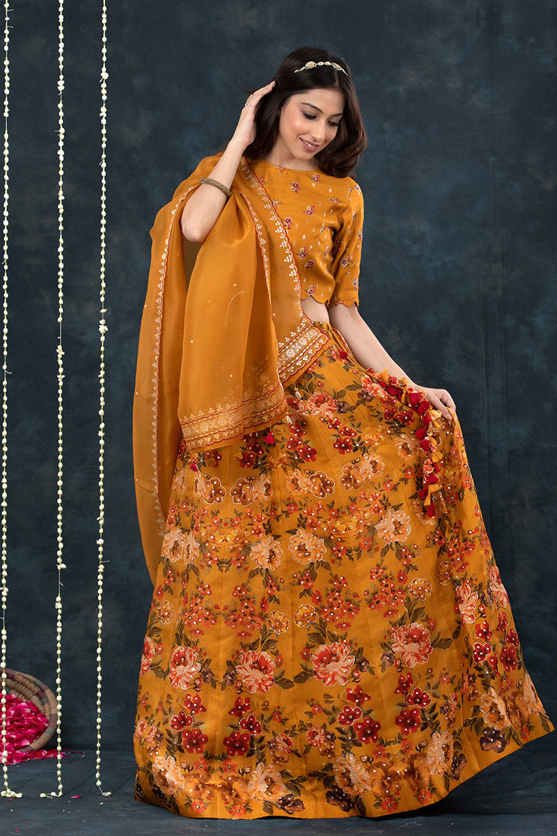 Deep Mustard Yellow Embellished Floral Printed Organza Silk Lehenga