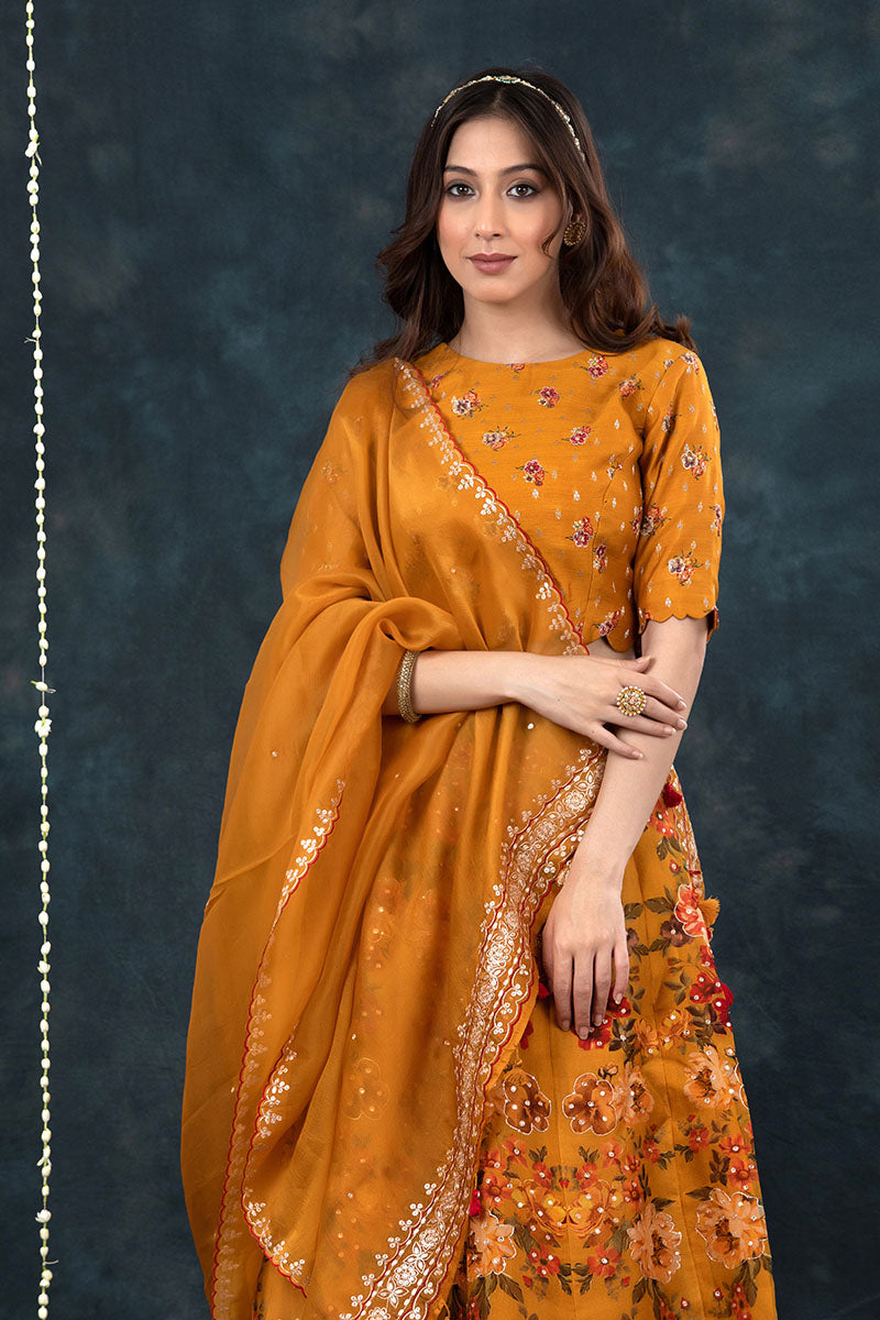 Deep Mustard Yellow Embellished Floral Printed Organza Silk Lehenga