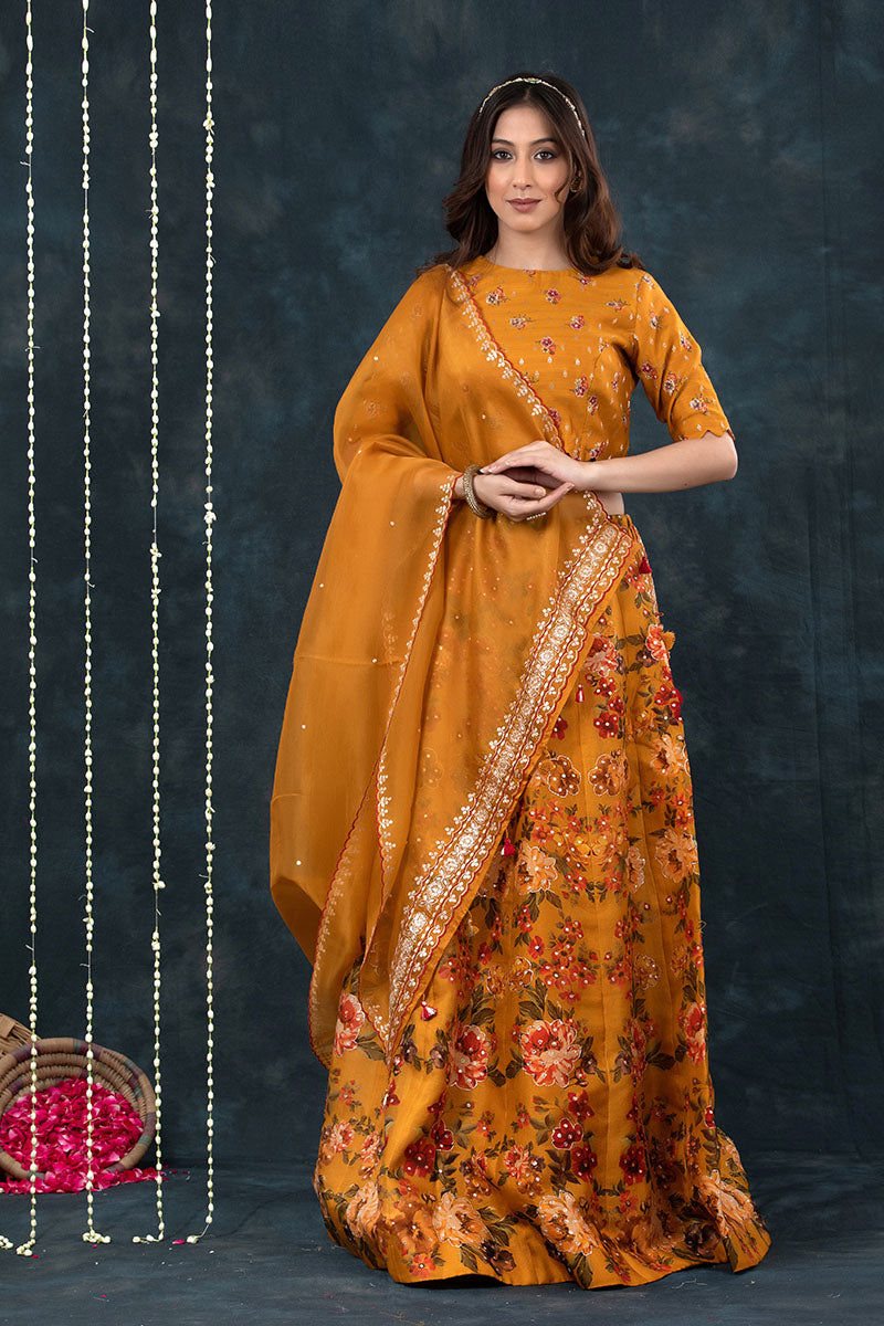 Deep Mustard Yellow Embellished Floral Printed Organza Silk Lehenga