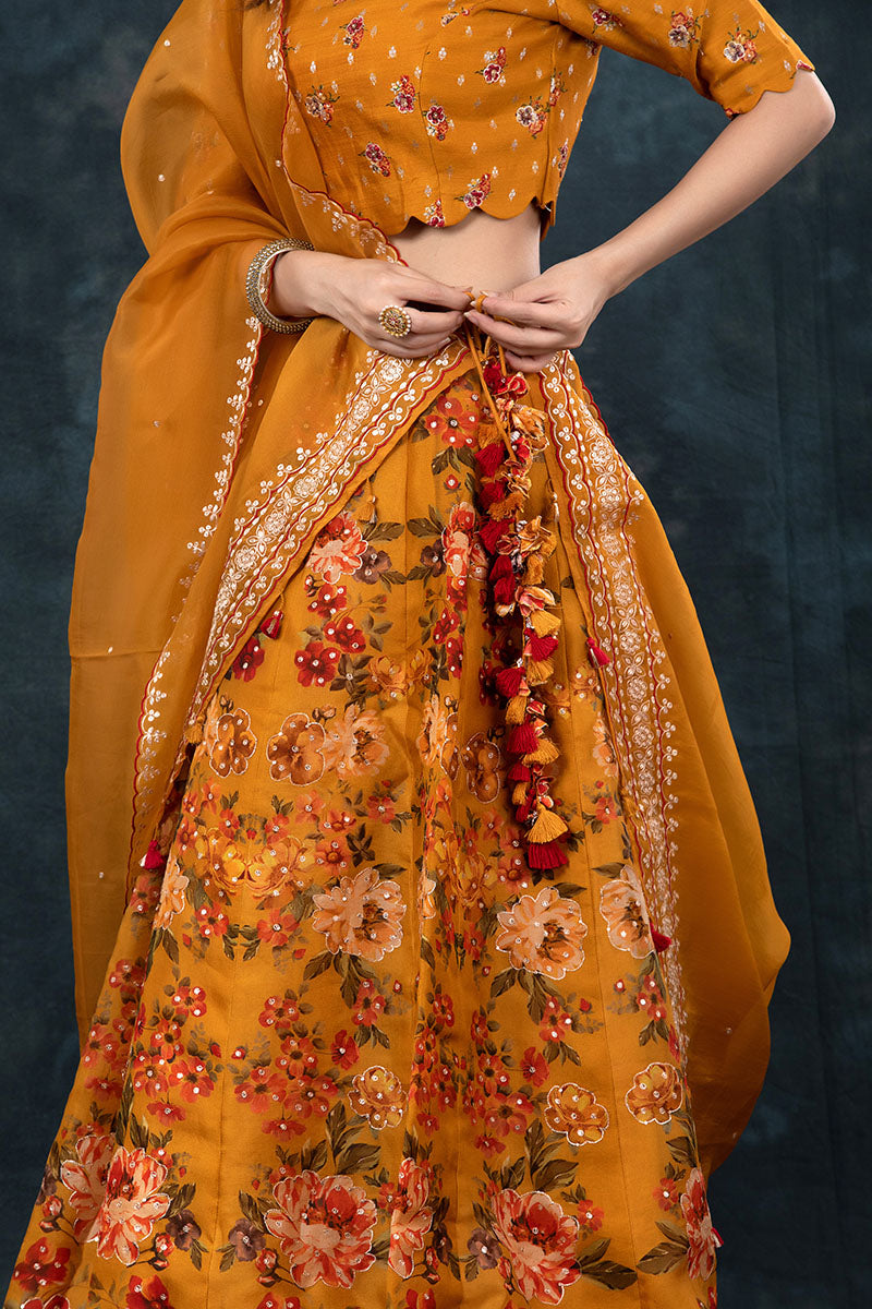 Deep Mustard Yellow Embellished Floral Printed Organza Silk Lehenga - Chinaya Banaras