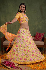 Yellow Floral Printed Embellished Cotton Lehenga