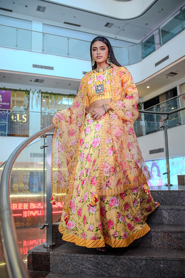 Women In Yellow Floral Printed Embellished Cotton Lehenga By Chinaya Banaras