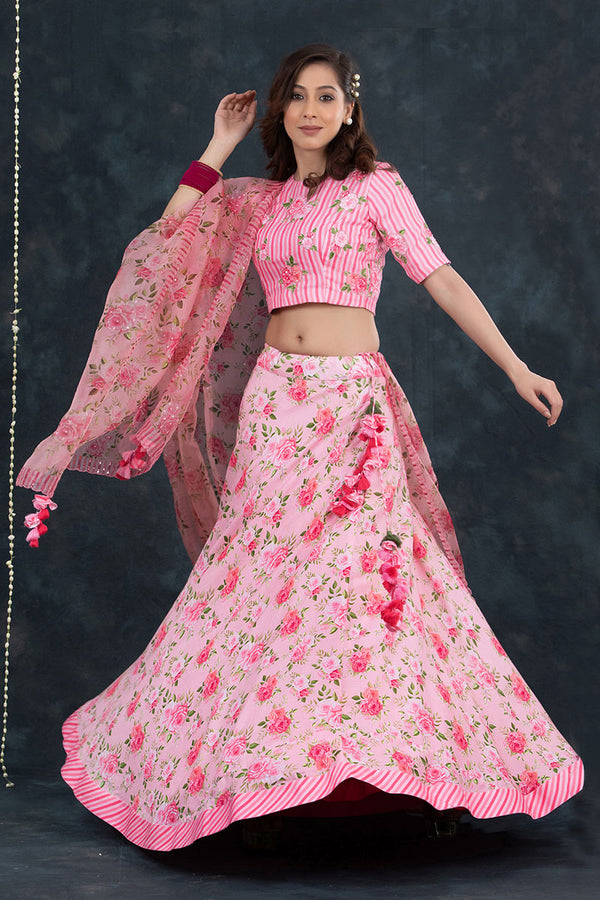 Pink Floral Printed Embellished Cotton Lehenga At Chinaya Banaras