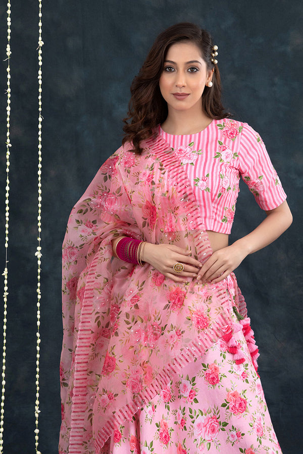 Baby Pink Floral Printed Embellished Cotton Lehenga - Chinaya Banaras