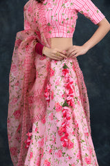 Baby Pink Floral Printed Embellished Cotton Lehenga