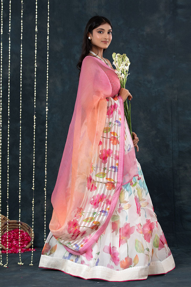 Pink & White Floral Printed Organza Silk Lehenga - Chinaya Banaras