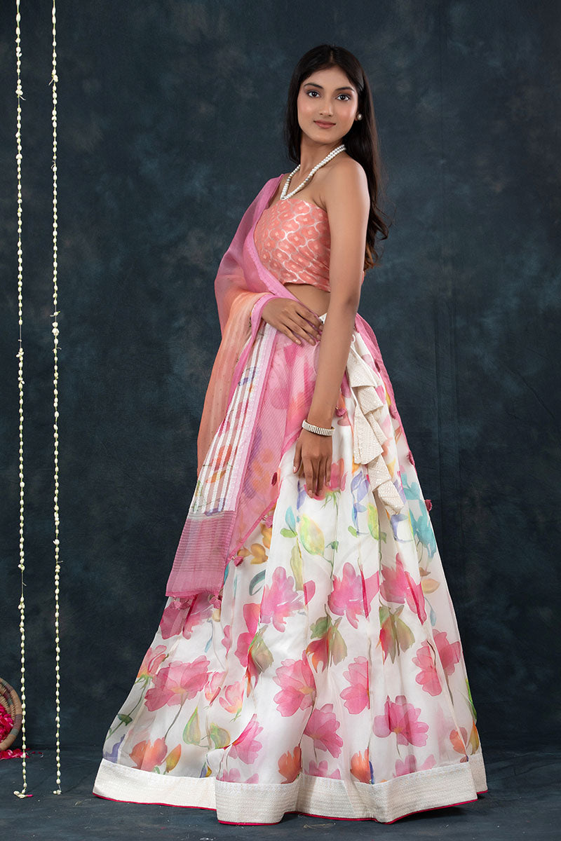 Pink & White Floral Printed Organza Silk Lehenga - Chinaya Banaras