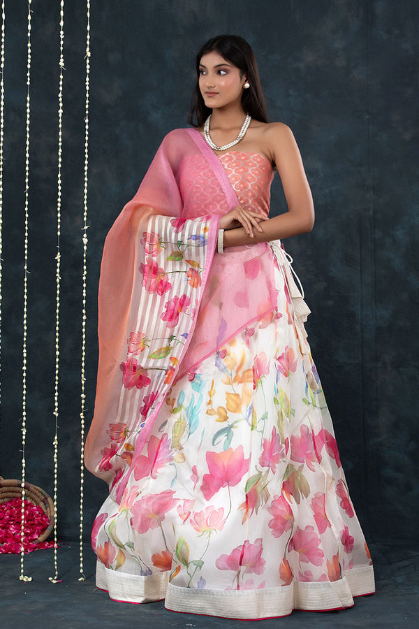 Pink & White Floral Printed Organza Silk Lehenga - Chinaya Banaras