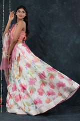 Pink & White Floral Printed Organza Silk Lehenga - Chinaya Banaras