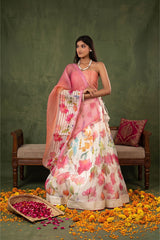 Pink & White Floral Printed Organza Silk Lehenga