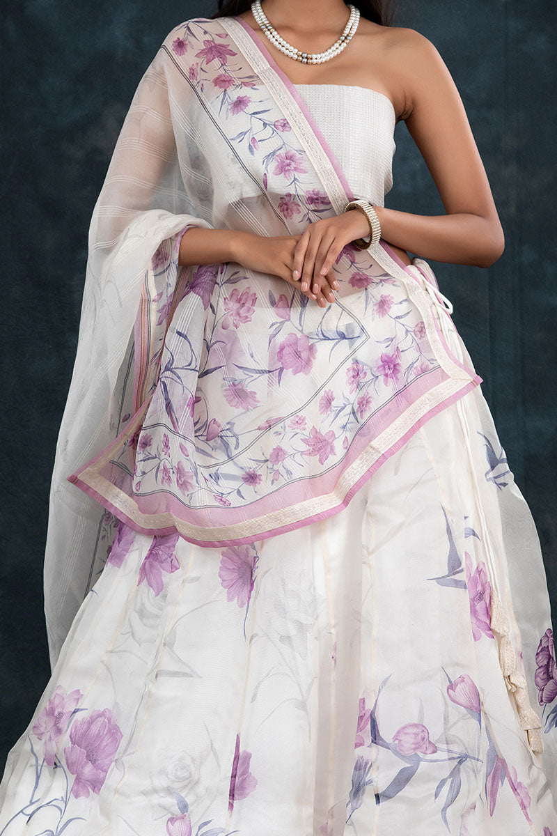 Purple & White Floral Printed Organza Silk Lehenga - Chinaya Banaras