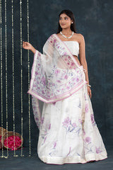 Purple & White Floral Printed Organza Silk Lehenga