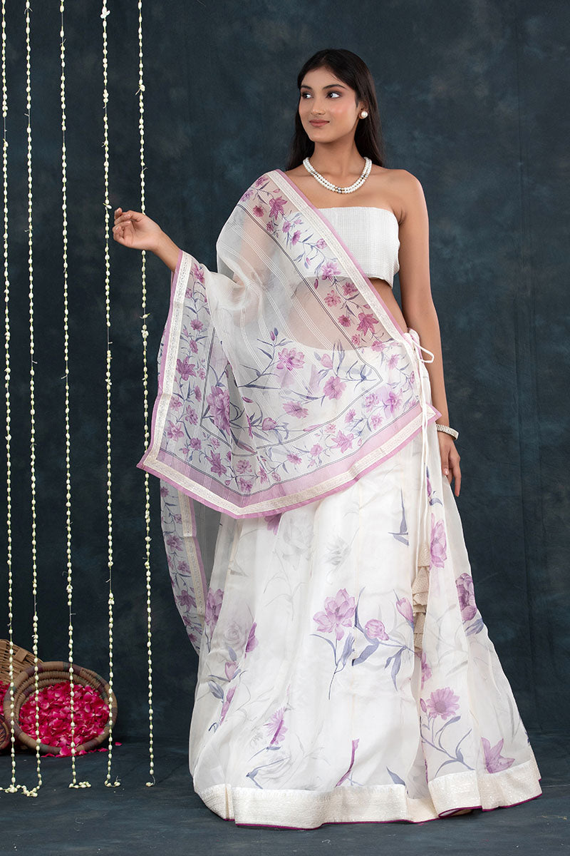 Purple & White Floral Printed Organza Silk Lehenga - Chinaya Banaras