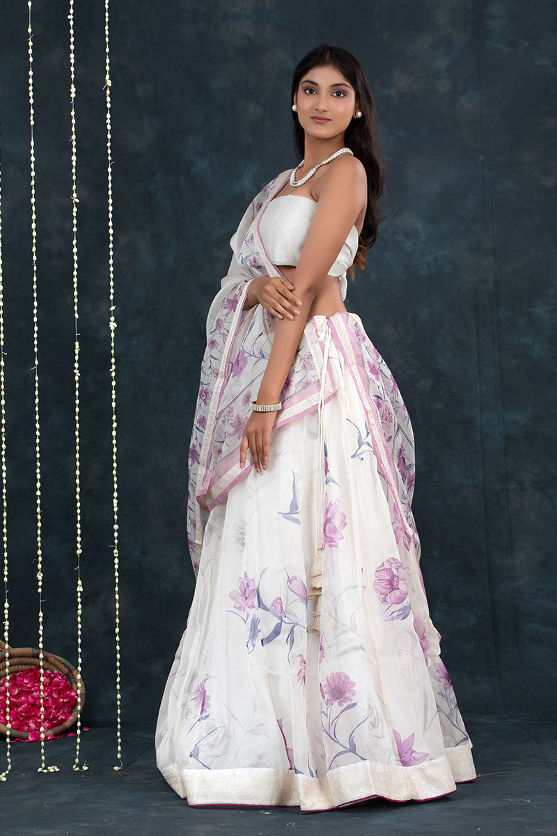 Purple & White Floral Printed Organza Silk Lehenga