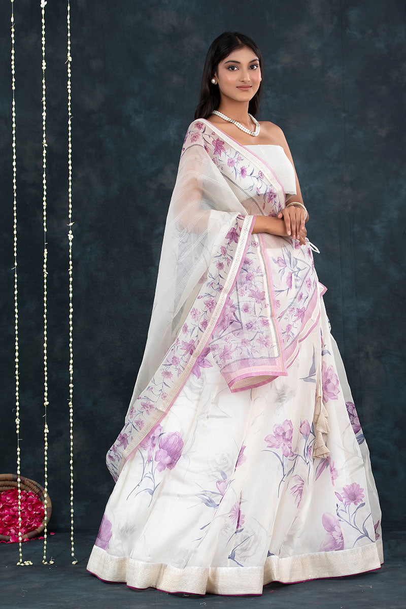 Purple & White Floral Printed Organza Silk Lehenga