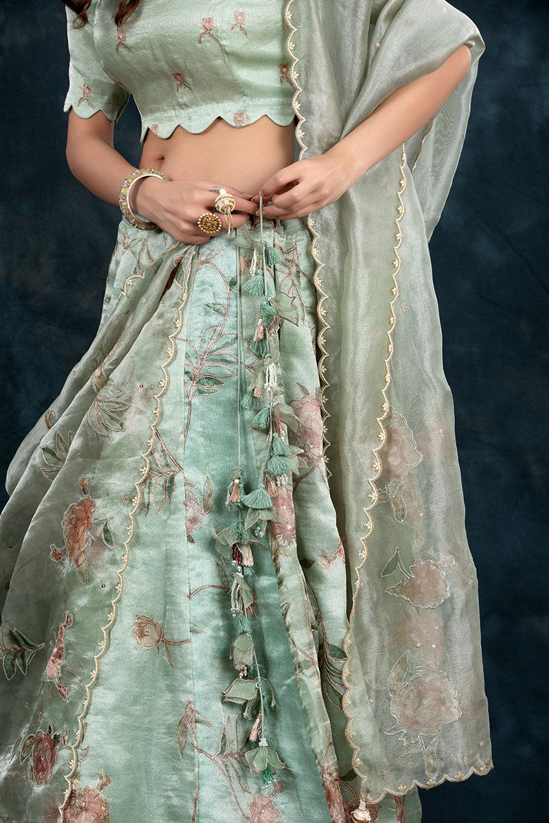 Mint Green Embellished Tissue Silk Lehenga