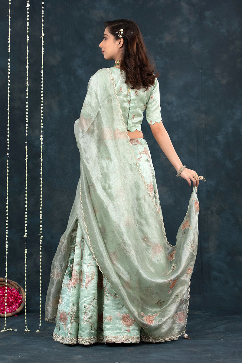 Mint Green Embellished Tissue Silk Lehenga - Chinaya Banaras