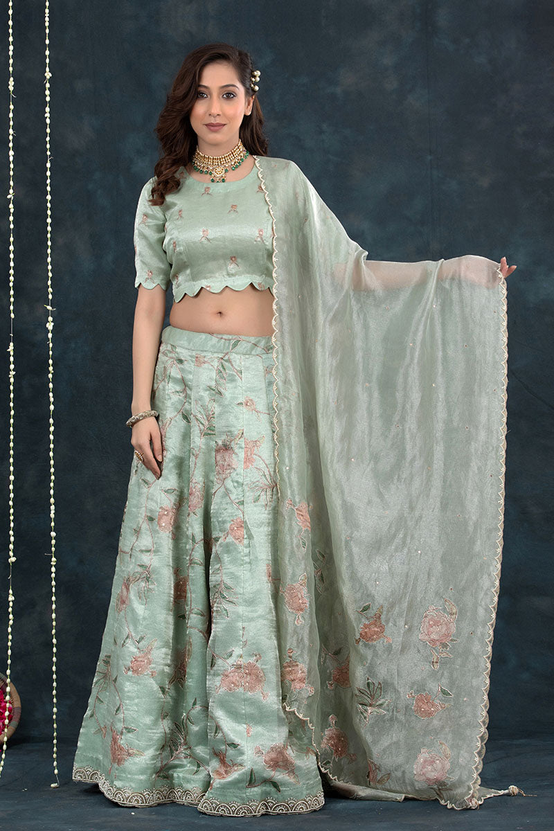 Mint Green Embellished Tissue Silk Lehenga