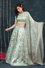Mint Green Embellished Tissue Silk Lehenga