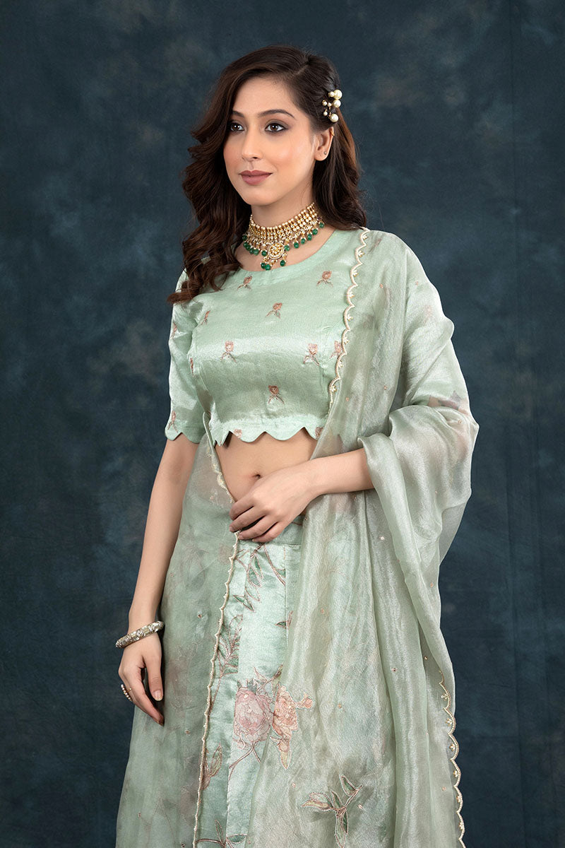 Mint Green Embellished Tissue Silk Lehenga