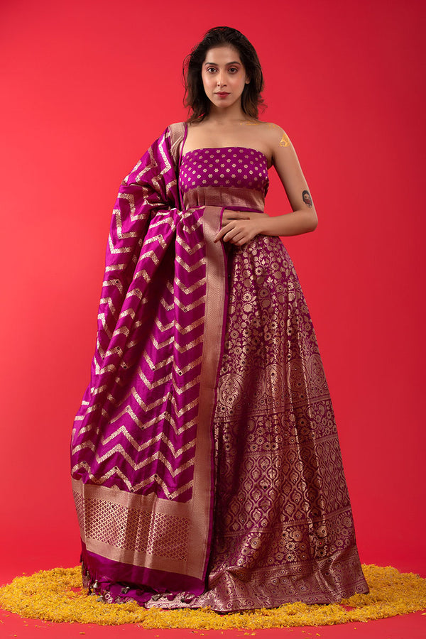 Purple Handwoven Embellished Banarasi Katan Silk Lehenga At Chinaya Banaras