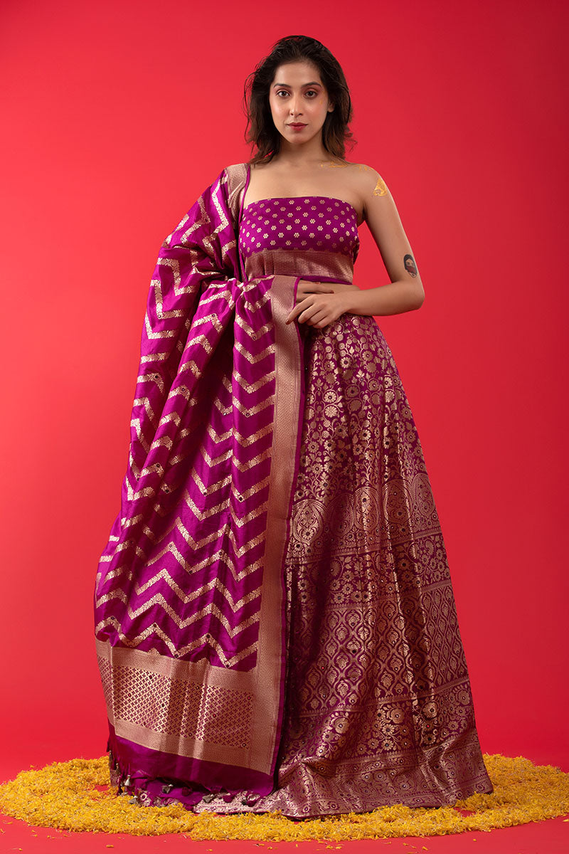 Purple Handwoven Embellished Banarasi Katan Silk Lehenga