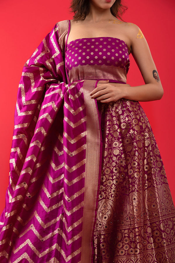 Purple Handwoven Embellished Banarasi Katan Silk Lehenga - Chinaya Banaras